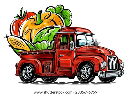 Farmer rides in a truck loaded with organic food. Farm vector illustration