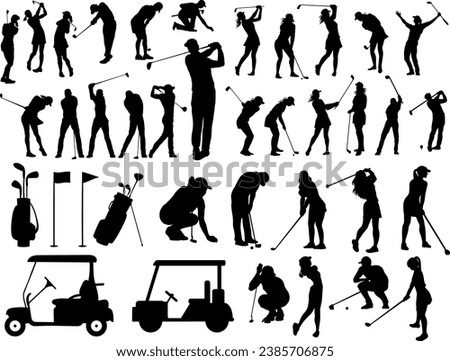 Golfer silhouettes set- Collection for Golf Club: players, ball, flag, car Vector illustration isolated on white background