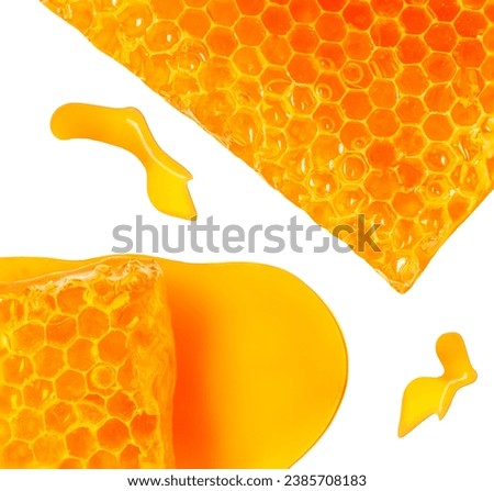 Honeycomb with honey syrup spots isolated on white background. HoneyFlat lay. Food concept.
