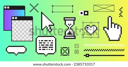 Pixels elements in the mood of 90's aesthetics. Y2k trendy stickers. Geometric Brutalism shape. 8-bit retro style illustration. Gradient background. Simple forms, symbols  Royalty-Free Stock Photo #2385710317
