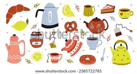 Vector set of color tea illustrations. Teapot, cup, donut, croissant, kettle.  Cute collection of hand drawn teapots and cups. Objects on white isolated background. Doodle style. Banner, poster.