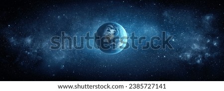 Panoramic view of the Earth, stars and galaxy. Planet Earth, view from space. Space fantasy. Elements of this image furnished by NASA. Royalty-Free Stock Photo #2385727141