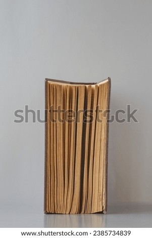 Old half-open book stands on gray background, deep truths religion theme, antique book editions, vertical shot