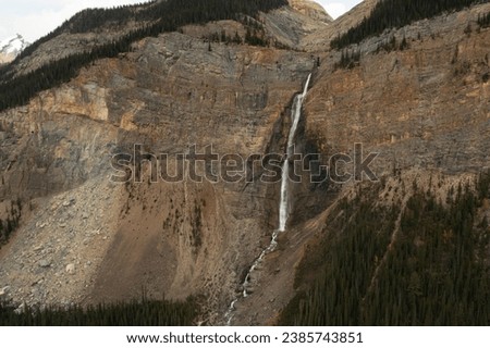 Amazing aerial view of Takakkaw Falls in Yoho National Park on a rainy day