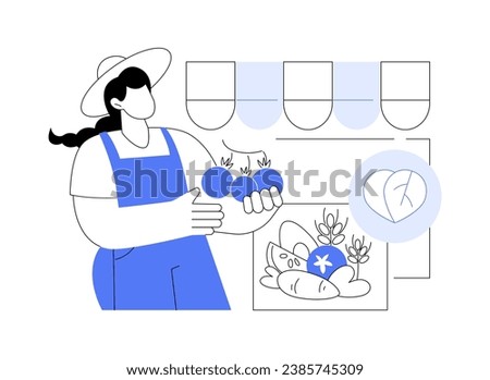 Organic vegetables abstract concept vector illustration. Woman sells organic tomatoes on market, ecology industry, healthy vegetables, genetic engineering, vitamin seasoning abstract metaphor. Royalty-Free Stock Photo #2385745309