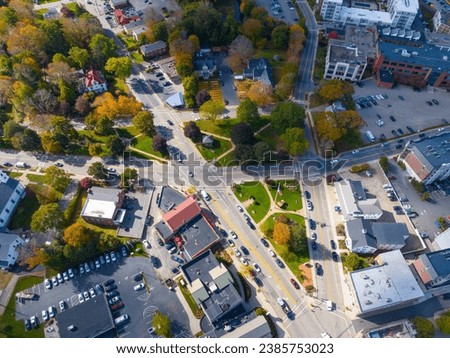 Walpole historic town center aerial view including Town Common on Main Street in fall, Walpole, Massachusetts MA, USA. 