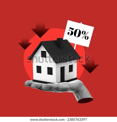 Fall in the price of the real estate market, house price goes down, house on discount, 50 percent less, real estate down, discount on houses, real estate business, House, Rent, Apartment, Residence Royalty-Free Stock Photo #2385763397