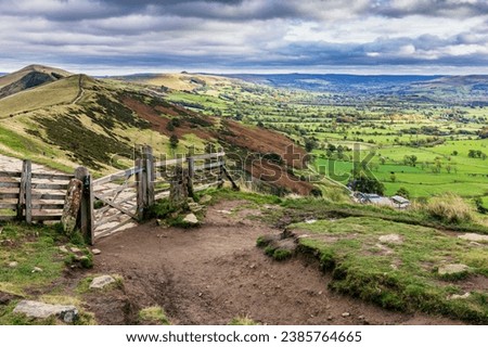 The gate on The Great Ridge at Mam Tor, with stunning views of the Hope Valley in the Peak District National Park, Derbyshire.