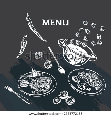 Soup, spaghetti, fries, dishes on a black background. Vector illustration. Design element for menus of cafes, restaurants, themed banners.