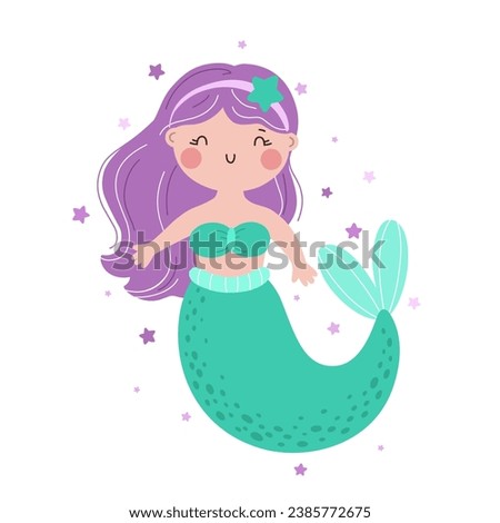 Cute little mermaid character, children's illustration, print in flat style.