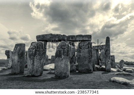 Stonehenge - an ancient prehistoric stone monument near Salisbury, Wiltshire, UK. It was built anywhere from 3000 BC to 2000 BC. Stonehenge is a UNESCO World Heritage Site in England. Vintage photo.
