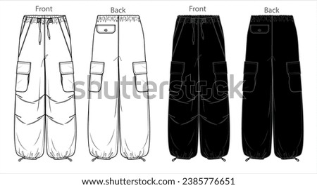Vector woman fleece jogger technical drawing, utility style pants with waistband and side pockets detail fashion CAD, template, sketch, flat. Woman cargo trousers with front, back view, white color Royalty-Free Stock Photo #2385776651