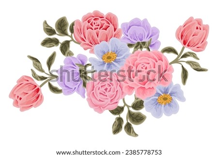 Beautiful romantic flower bouquet arrangement with roses, tulips, lilac floral, peony, poppy, floral bud, and leaf branch vector illustration elements