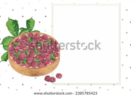 A postcard with a raspberry pie and green leaves on a background with multicolored watercolor spots. Watercolor illustration. Template for cooking, restaurant, pastry shop, coffee shop