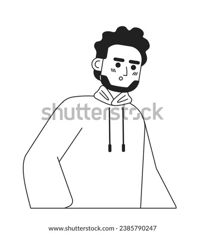 Shocked indian man monochromatic flat vector character. Handsome brunette. Short hair. Editable thin line half body person on white. Simple bw cartoon spot image for web graphic design