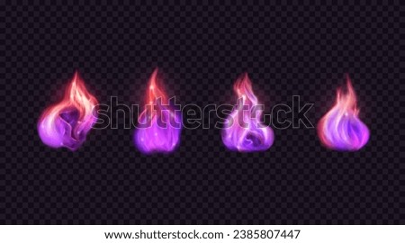 Magic glowing flames. Set of vector design elements. Realistic shining purple fire isolated on transparent backdrop