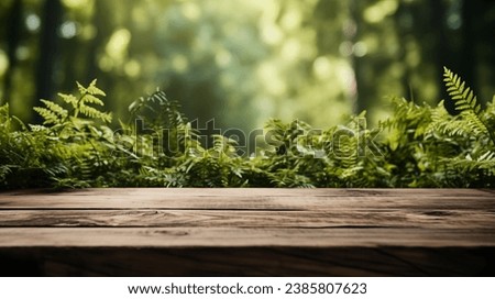 Beautiful blurred boreal forest background view with empty rustic wooden table for mockup product display. Picnic table with customizable space on table-top for editing. Flawless Royalty-Free Stock Photo #2385807623