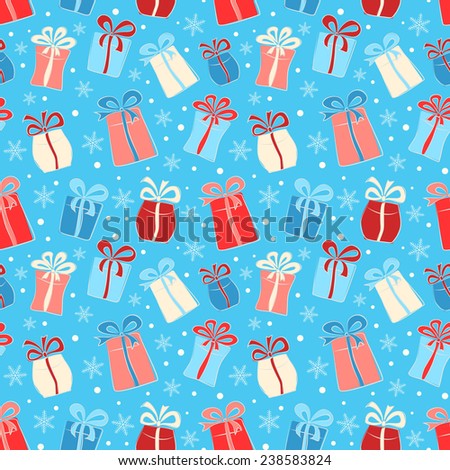 Blue seamless pattern with color gifts and snowflakes