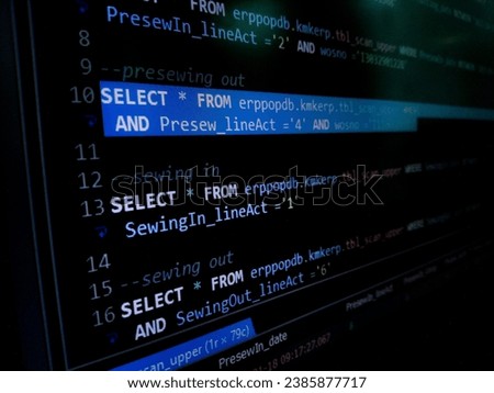 Programming code on a computer screen. Source code photo. A query database. Technology background.