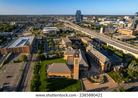 Aerial view of Grand Valley state university campus in Grand Rapids, Michigan. Royalty-Free Stock Photo #2385880421
