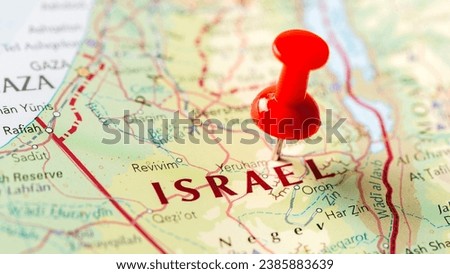 Israel Country  is push pinned on world map close up zoom photo with high resolution Royalty-Free Stock Photo #2385883639