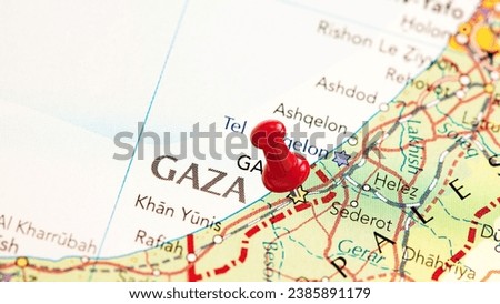 Gaza is pinned on world map close up zoom image with high resolution Royalty-Free Stock Photo #2385891179