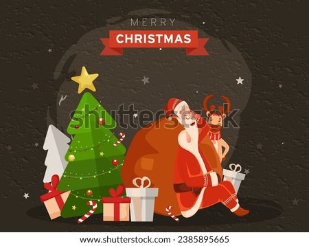Illustration of Santa Claus Sleeping with Heavy Bag, Cartoon Reindeer, Gift Boxes, Candy Cane and Decorative Xmas Tree on Brown Grunge Background for Merry Christmas Celebration.