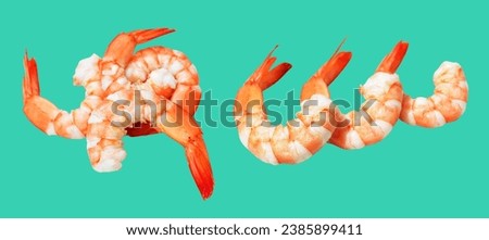Red boiled shrimp or tiger prawn isolated with clipping path, no shadow on green background, peeled cooked seafood