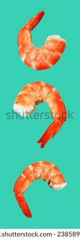 Red boiled shrimp or tiger prawn isolated with clipping path, no shadow on green background, cooked seafood