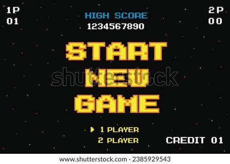 START NEW GAME play .pixel art .8 bit game. retro game. for game assets in vector illustrations. Royalty-Free Stock Photo #2385929543