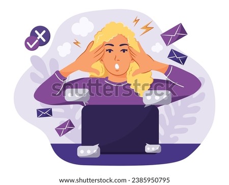 Information overload. Woman sitting at desk and gets too much information. Mental health concept. Tangled minds. Flat Vector Illustration Royalty-Free Stock Photo #2385950795