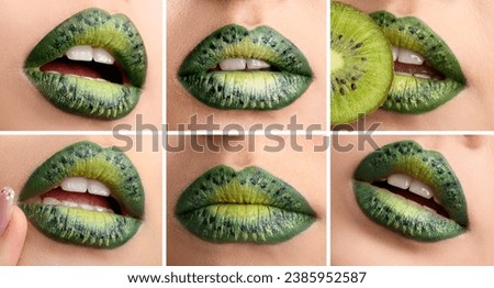 Collage of beautiful female lips with unusual kiwi makeup, closeup