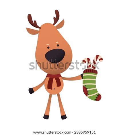 Cute reindeer with Christmas sock on white background