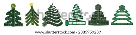 Set of Christmas trees made of filmstrip on white background