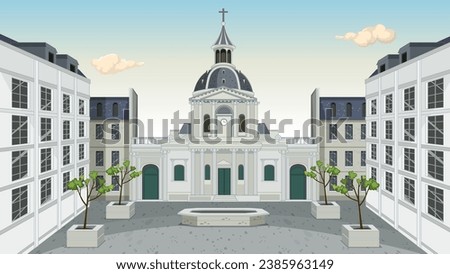 A charming cartoon-style illustration of Sorbonne University in Paris