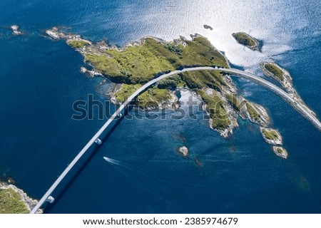 Aerial view of Islands attached by bridges in the Fjords of Norway - Stokksund-Blikkvågane - Runde - Remøya - Leinoya