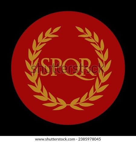 Circle badge Roman empire flag roundel vector illustration isolated. Ancient empire from Italy, Europe. Vexilloid. Insignia SPQR Senatus Populusque Romanus with laurel. Button Roman flag banner. Royalty-Free Stock Photo #2385978045