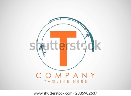Initial alphabet T with fishing rod and hook. Fishing logo concept vector illustration. 