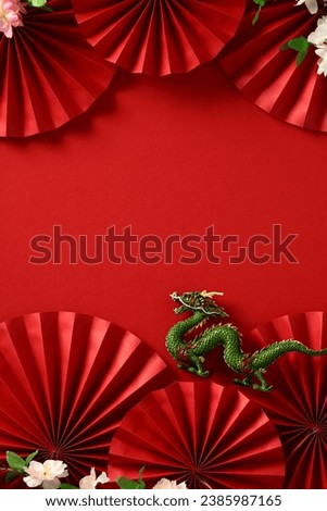 Chinese New Year 2024 - Abstract Lunar New Year Dragon Art on Red Background. Festival Card Design with Folding Paper fans, sakura, dragon