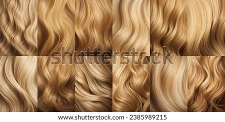Set Blonde hair close-up. Women blonde hair, Beautifully styled wavy shiny curls. Hair coloring. Hairdressing procedures, extension