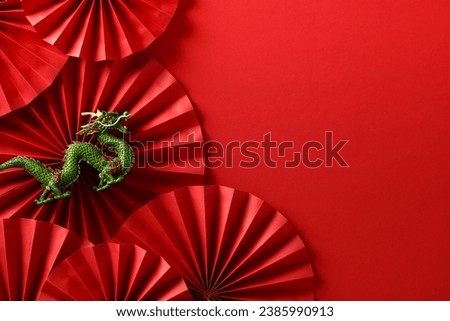 Chinese New Year 2024 - Abstract Composition  with Dragon and Folding Paper Fans. Oriental Celebration Card Design, Lunar Holiday Symbol