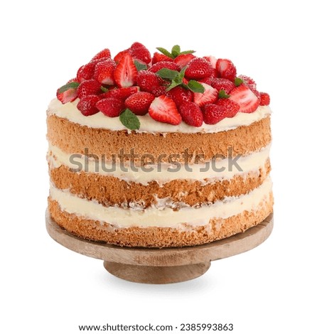 Tasty cake with fresh strawberries and mint isolated on white Royalty-Free Stock Photo #2385993863