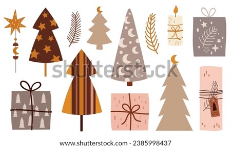 Boho Christmas clipart with Christmas trees, gifts, Christmas ornaments. Christmas clipart in flat style