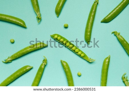 Open and closed pods of fresh green peas, scattered grains of organic peas on a green background, top view, studio photo. Vegetable protein, healthy products.