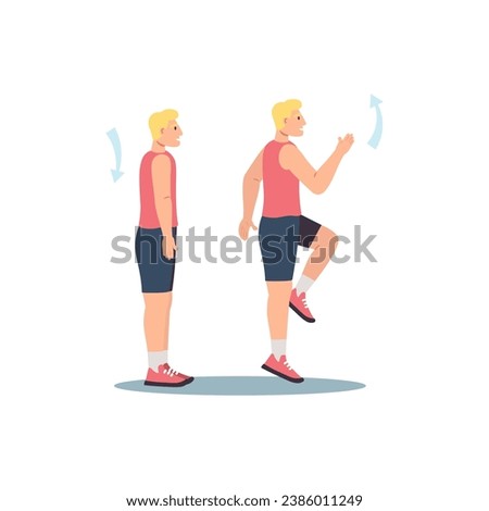 Concept Men's workout in the flat cartoon design. The illustration is an instruction for the correct execution of the exercise running in place. Vector illustration.
