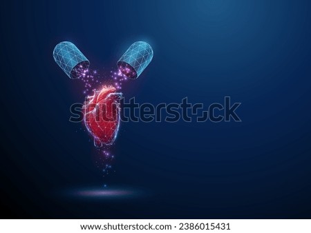Abstract red human heart organ and opened blue medical drug capsule with falling particles . Healthcare medical pharmacy concept. Low poly style. Geometric background.  Modern 3d graphic. Vector Royalty-Free Stock Photo #2386015431