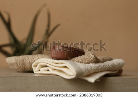 Spa 2pcs Bath Towel with Brown Soap on a Blurred Background, Enhanced with Aloe Vera Plant Stock Photos and 3D Objects