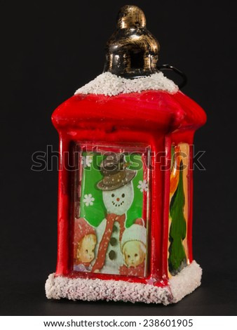 vintage red christmas lantern with snowman and children picture
