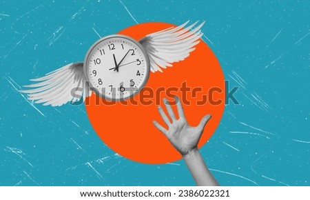 A contemporary artistic collage Time flies. A hand reaching out to grasp time, depicted as clock with wings. The concept is dedicated to time. Royalty-Free Stock Photo #2386022321