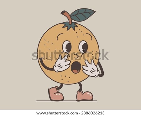 Funny groovy retro character. Surprised shocked orange or tangerine. Vector isolated fruit, old cartoon style. Royalty-Free Stock Photo #2386026213